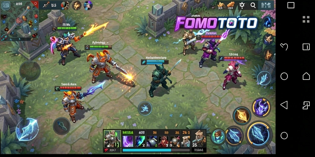 Screenshot FOMOTOTO menampilkan pertarungan epik dalam game MOBA.