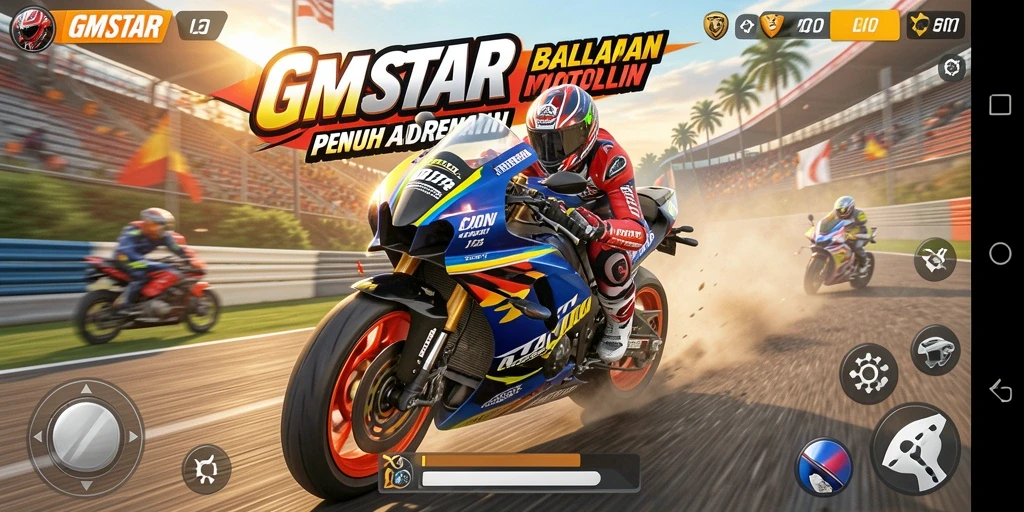 Gameplay seru GMSTAR dengan balapan motor yang mendebarkan.